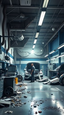 修车工人在凌乱的汽车修理厂工作