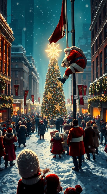 圣诞老人攀爬旗杆点亮城市节日气氛