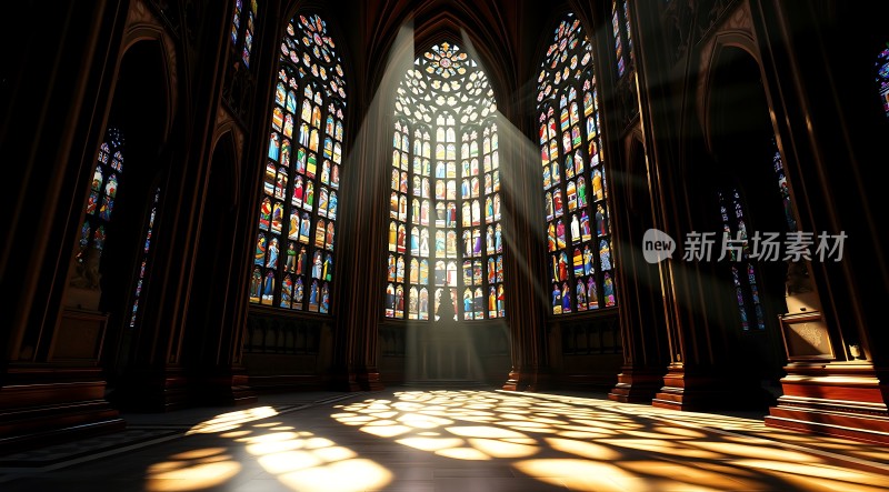 阳光透过彩色玻璃窗洒进教堂内部
