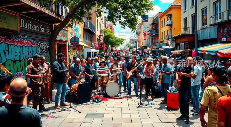 街头乐队激情演奏吸引众多观众围观