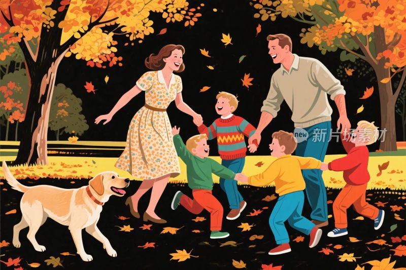 家庭秋日公园一家人玩耍