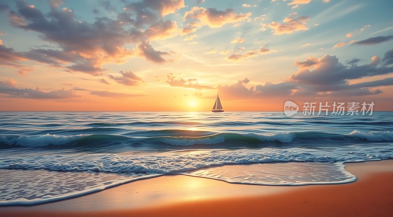日落时分的帆船与海浪