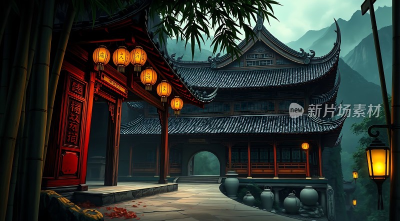 古风建筑灯笼竹子山景