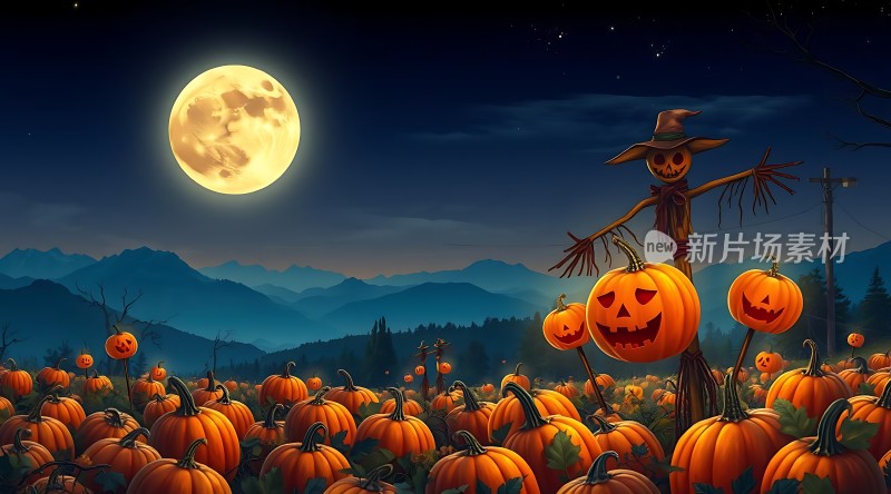 万圣节南瓜地月亮下的稻草人奇遇记