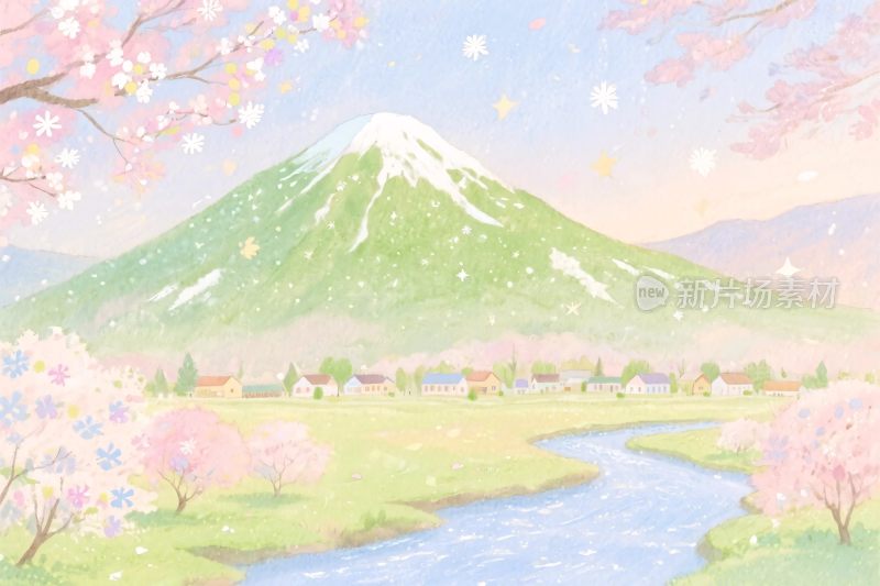 春日山水樱花风景插画