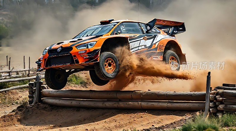 橙黑赛车飞跃障碍尘土飞扬速度与激情并存！