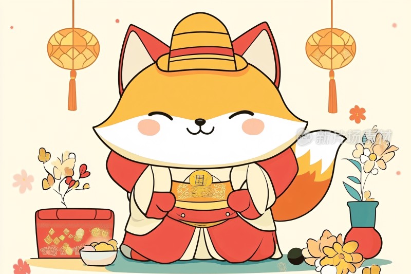 可爱狐狸拜年插画