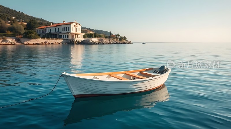 海岸边的小船与宁静的海面和美丽的房屋