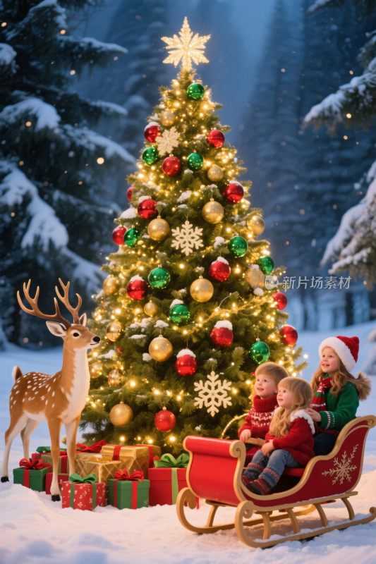 冬日圣诞雪橇驯鹿场景