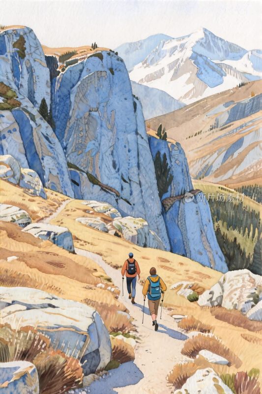 山林徒步风景插画