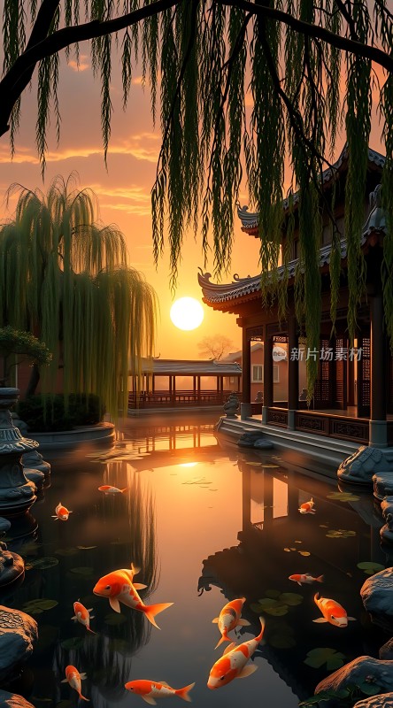 夕阳下的古亭与锦鲤