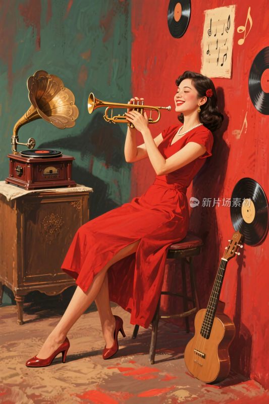 复古场景女子吹小号