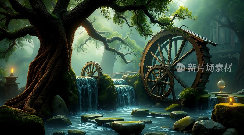 神秘森林中的古老水车
