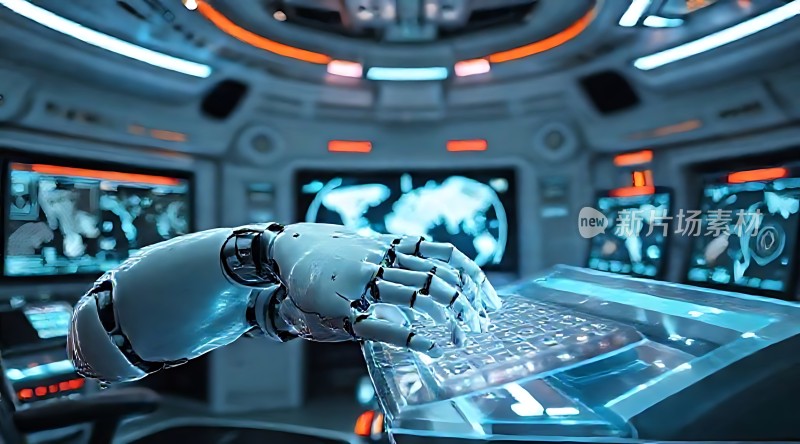 未来科技感十足的场景机器人手与透明键盘
