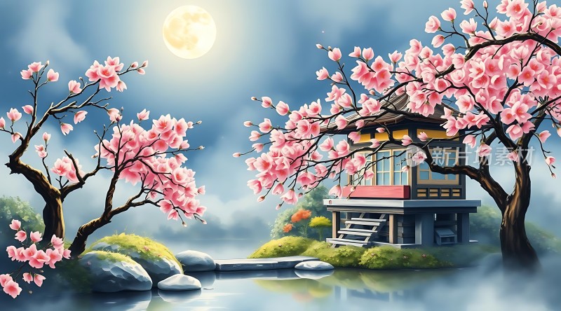 春夜月下樱花屋