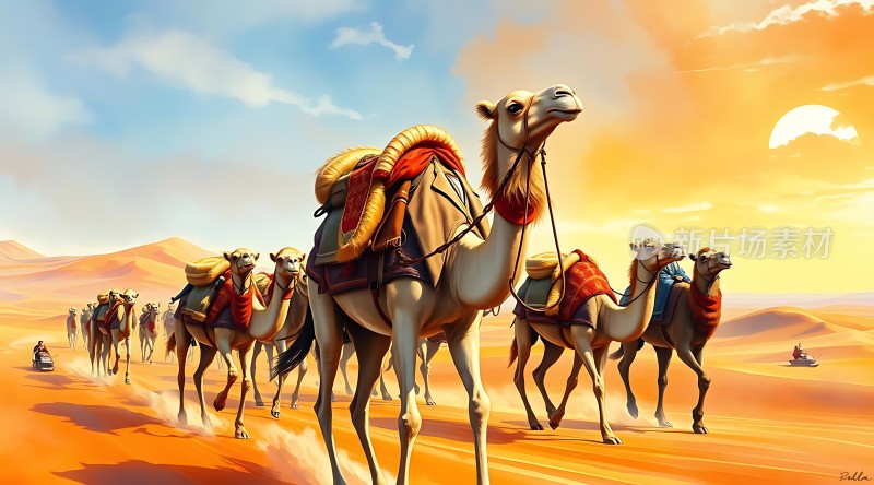 驼队穿越金色沙漠