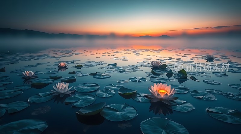 湖畔夜色映荷花