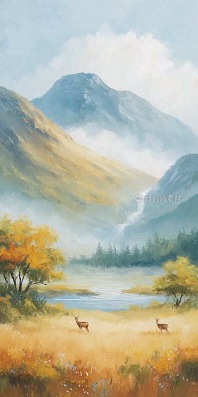 秋日山间鹿群风景图