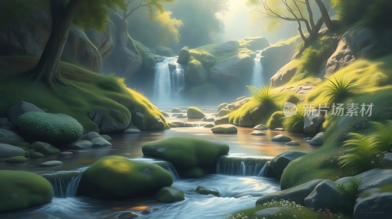 阳光下的瀑布与溪流