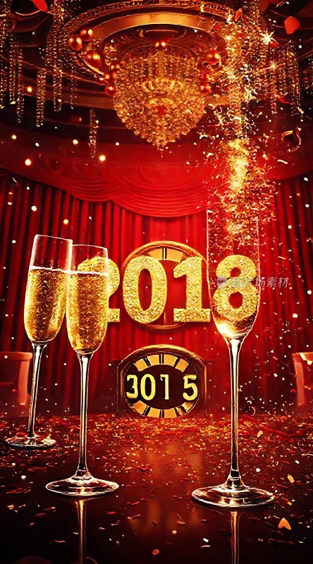 2018新年快乐香槟庆祝璀璨灯光红色舞台背景