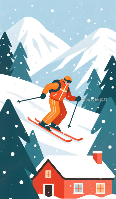 冬天雪景滑雪插画背景