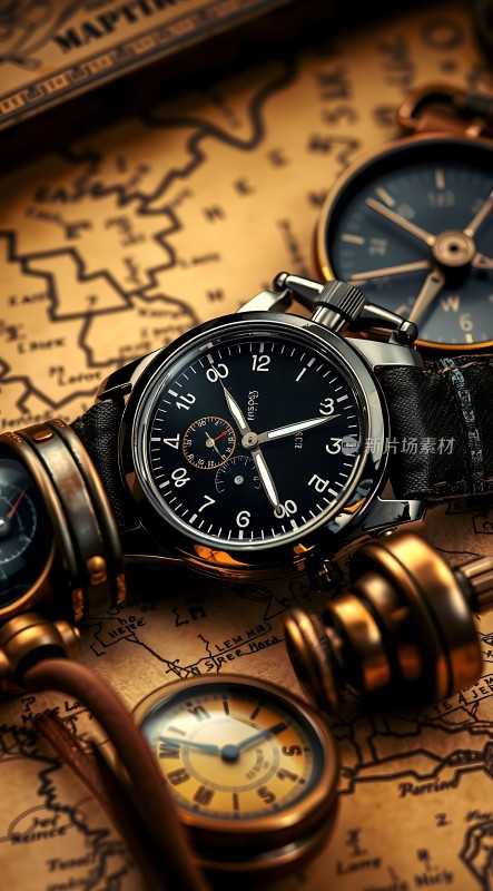 复古腕表与指南针地图