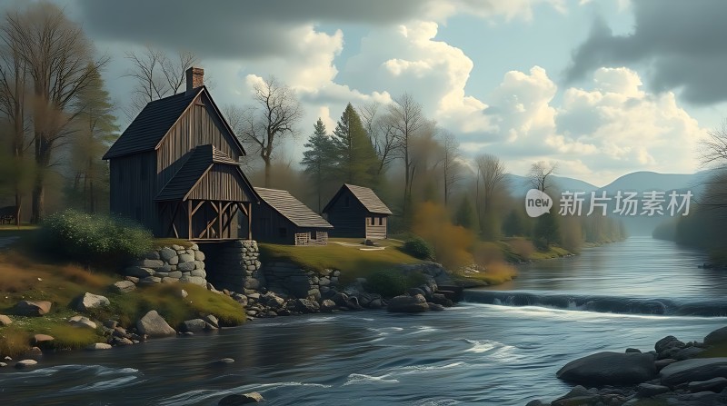 宁静小溪旁的古朴木屋