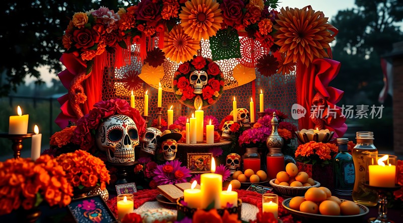 亡灵节祭坛蜡烛、骷髅与鲜花共舞