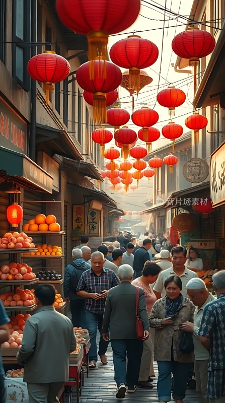 春节庙会热闹非凡红灯笼高挂老街巷里人潮涌动