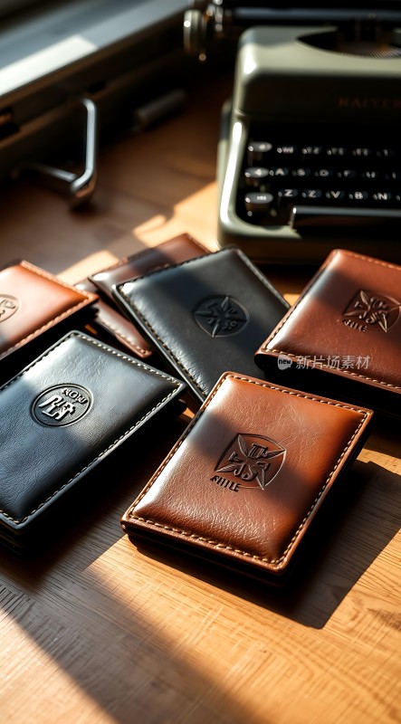 复古打字机旁精美皮质钱包展示