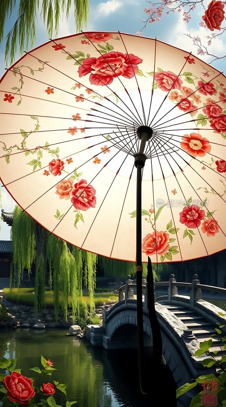 古风油纸伞下的宁静小桥流水人家