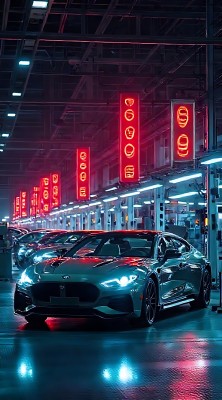 现代工厂中的流线型跑车