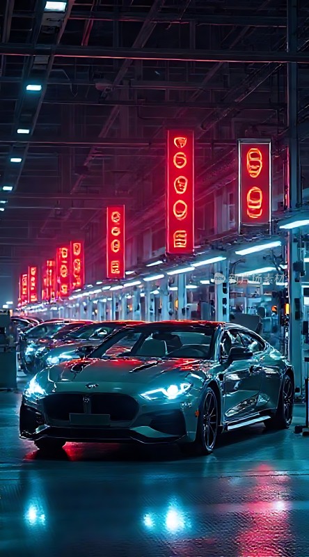 现代工厂中的流线型跑车