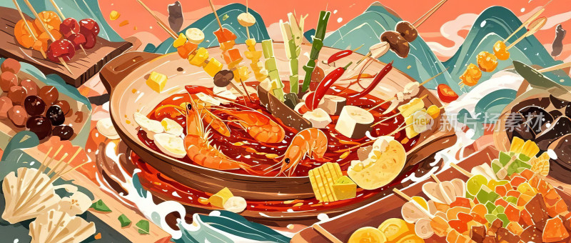 中国风海鲜美食创意插画设计图