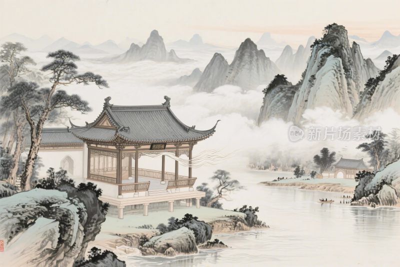 中国传统山水古亭风景画
