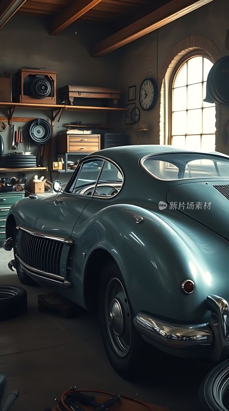 复古车库里的经典蓝车