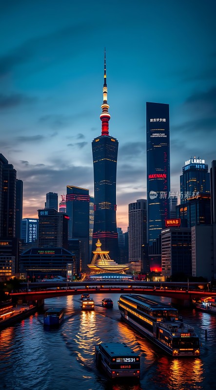 上海夜景东方明珠与黄浦江畔的繁华