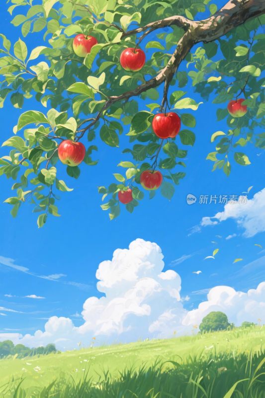 苹果树田园风景插画