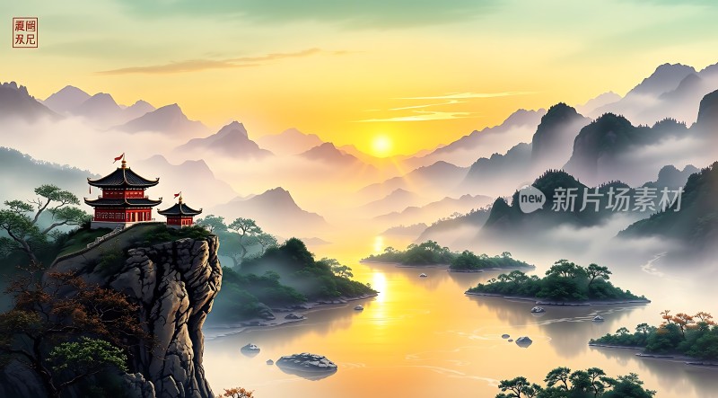 晨曦下的东方古建与山水画卷