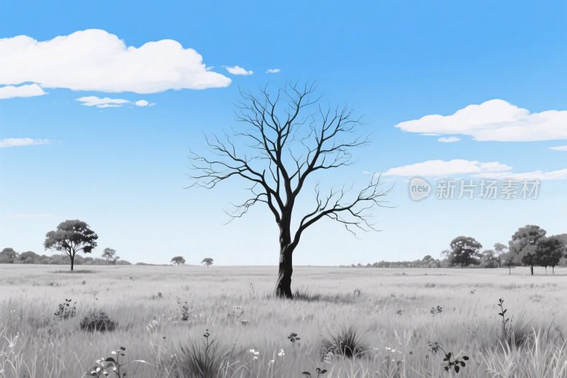 草原孤树风景插画