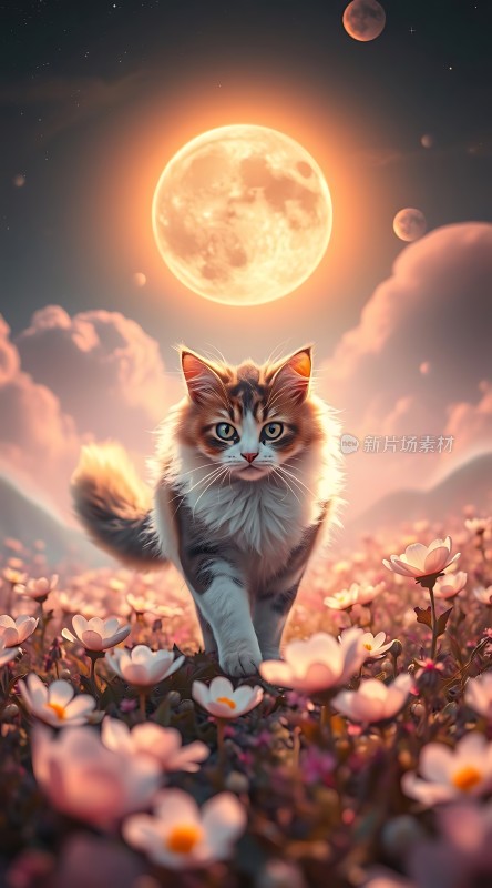 月下花丛中的猫咪