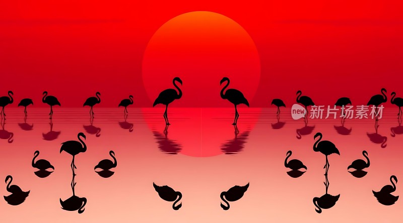 火红夕阳下的火烈鸟剪影