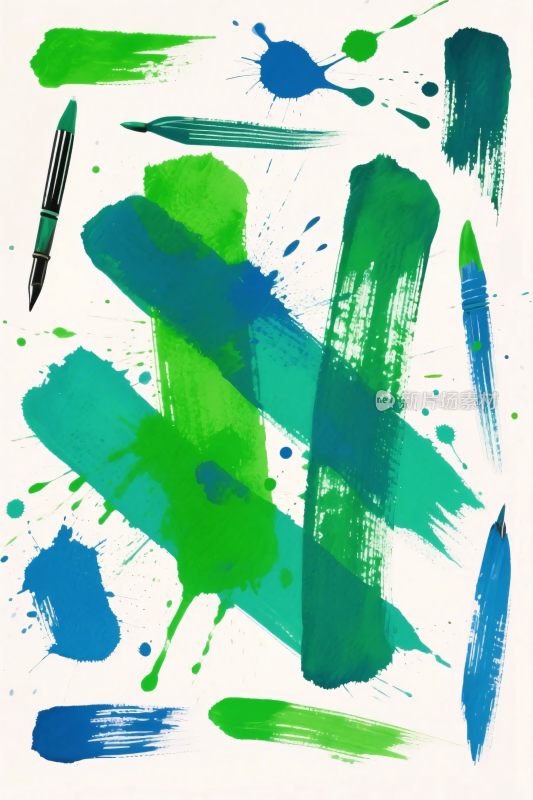 绿色蓝色笔触水彩插画