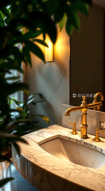 金色水龙头与大理石洗手台