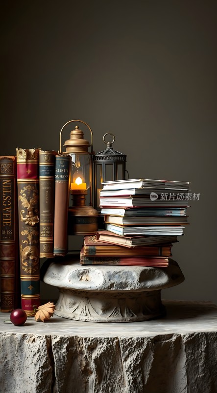 古旧书籍与烛台静物画