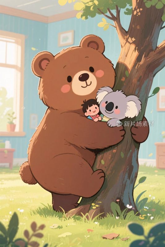 卡通熊抱树与考拉