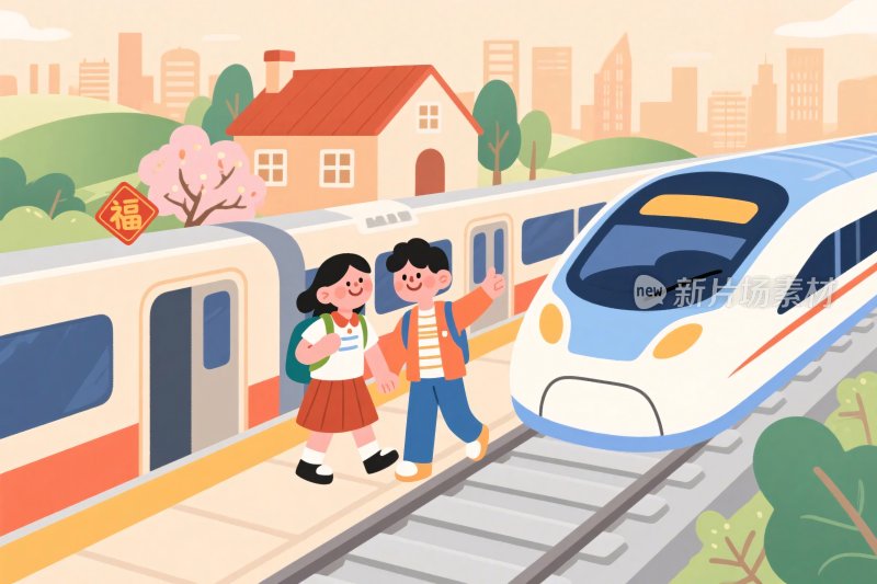 火车站台孩童插画