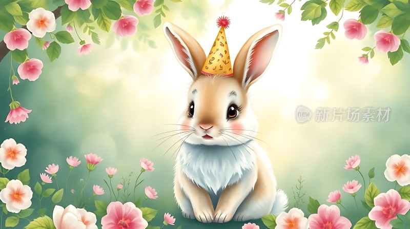 戴生日帽的小兔子在花丛中