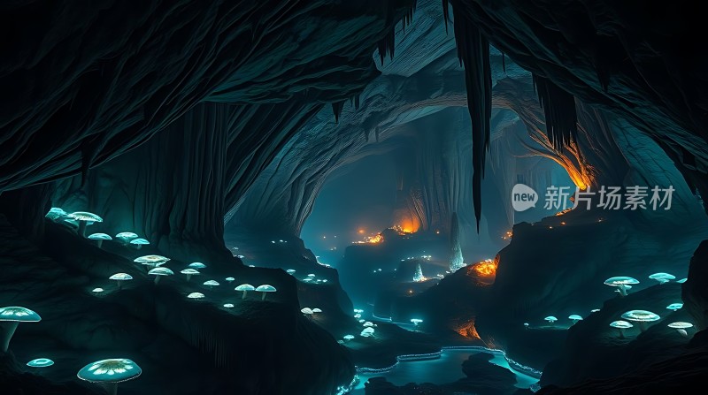 神秘洞穴中的荧光蘑菇