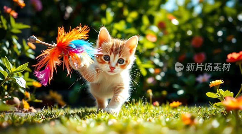 阳光下的彩色羽毛与可爱小猫